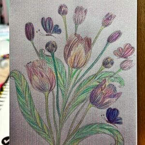 Color pencil tulip art Print with Butterflies